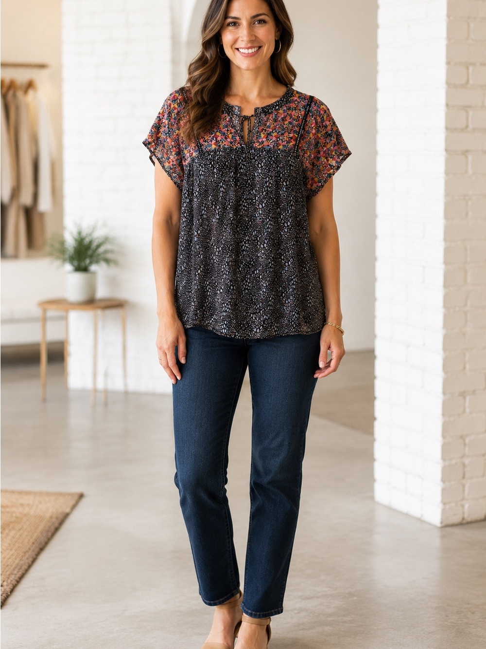 Savanna Jane Black Top with Pink Floral Yoke
